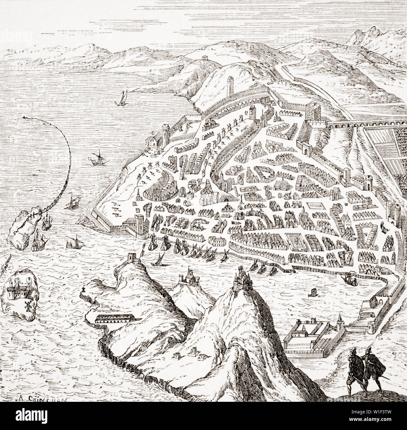 View and plan of Marseilles and its harbour in the 16th century, after a copperplate in Theatre des Citez du Monde Stock Photo