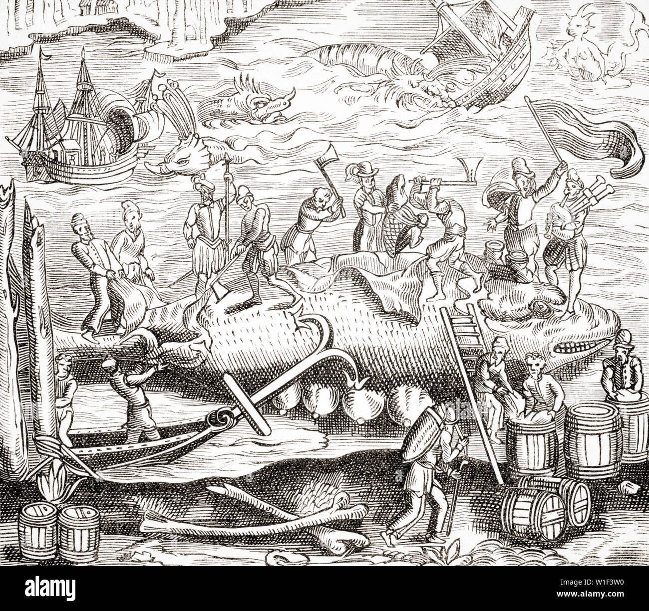 Whale Fishing. After a woodcut in Cosmographie Universelle of Thevet published 1574 Stock Photo