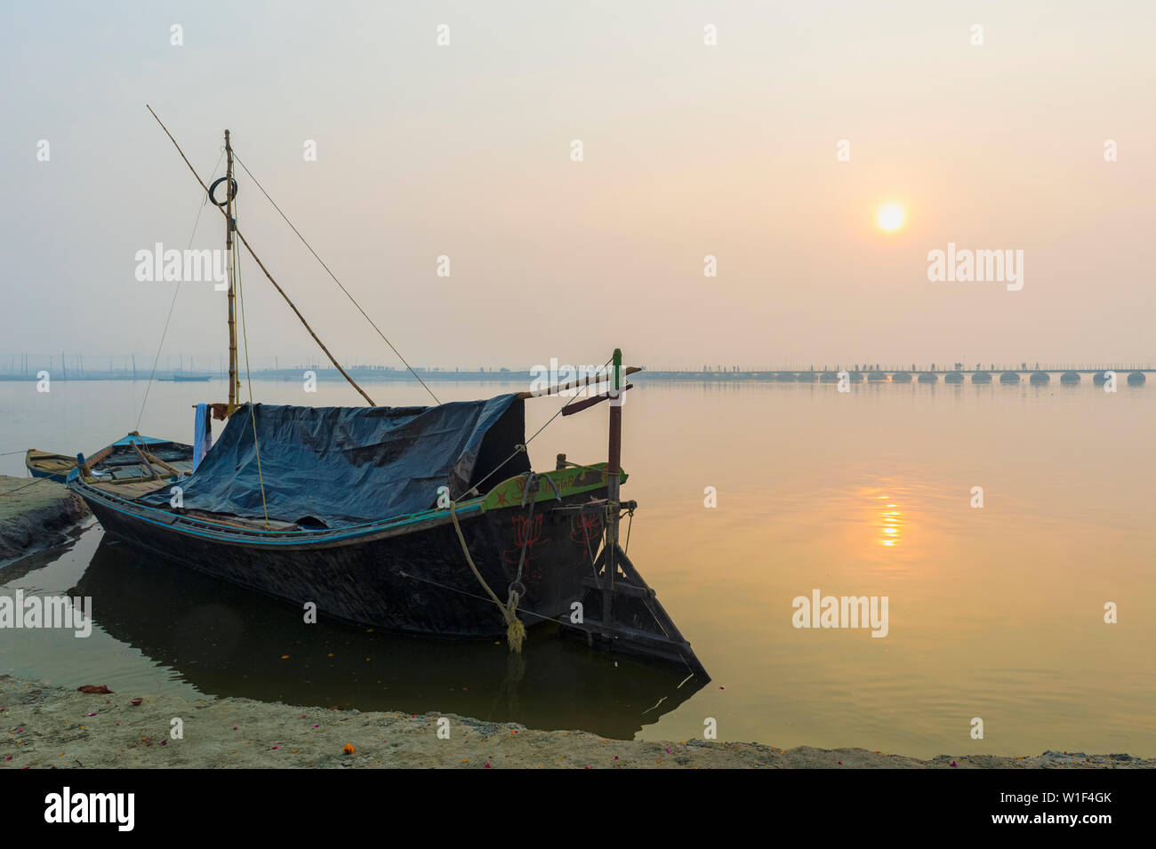 Wooden Boat On The Ganges River At Sunrise Allahabad Kumbh Mela