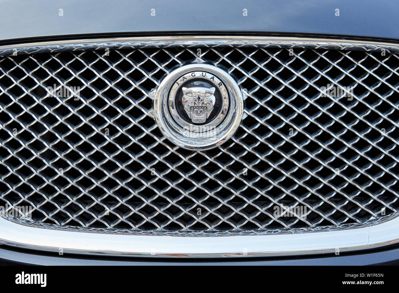 MONTE CARLO, MONACO - AUGUST 19, 2016: Jaguar luxury car silver logo in a summer day in Monte Carlo, Monaco. Stock Photo