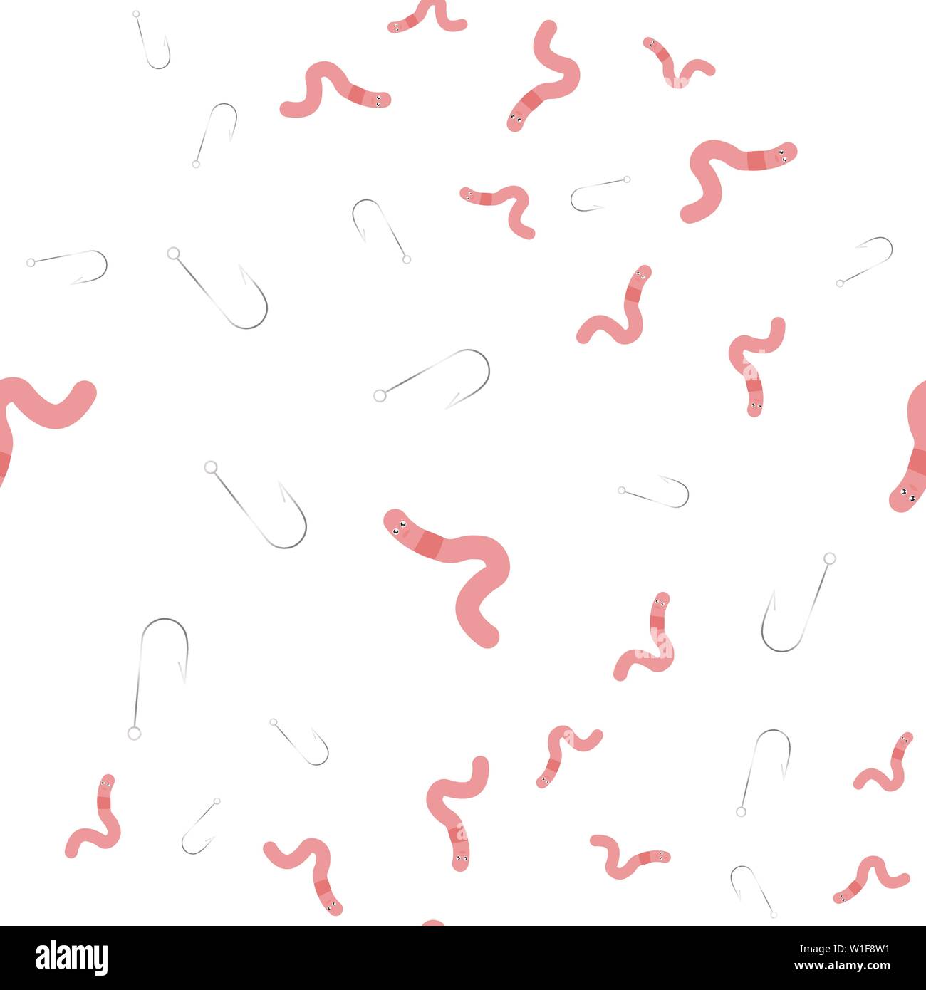 Seamless pattern of worms and hooks. Vector illustration on white background. Stock Vector
