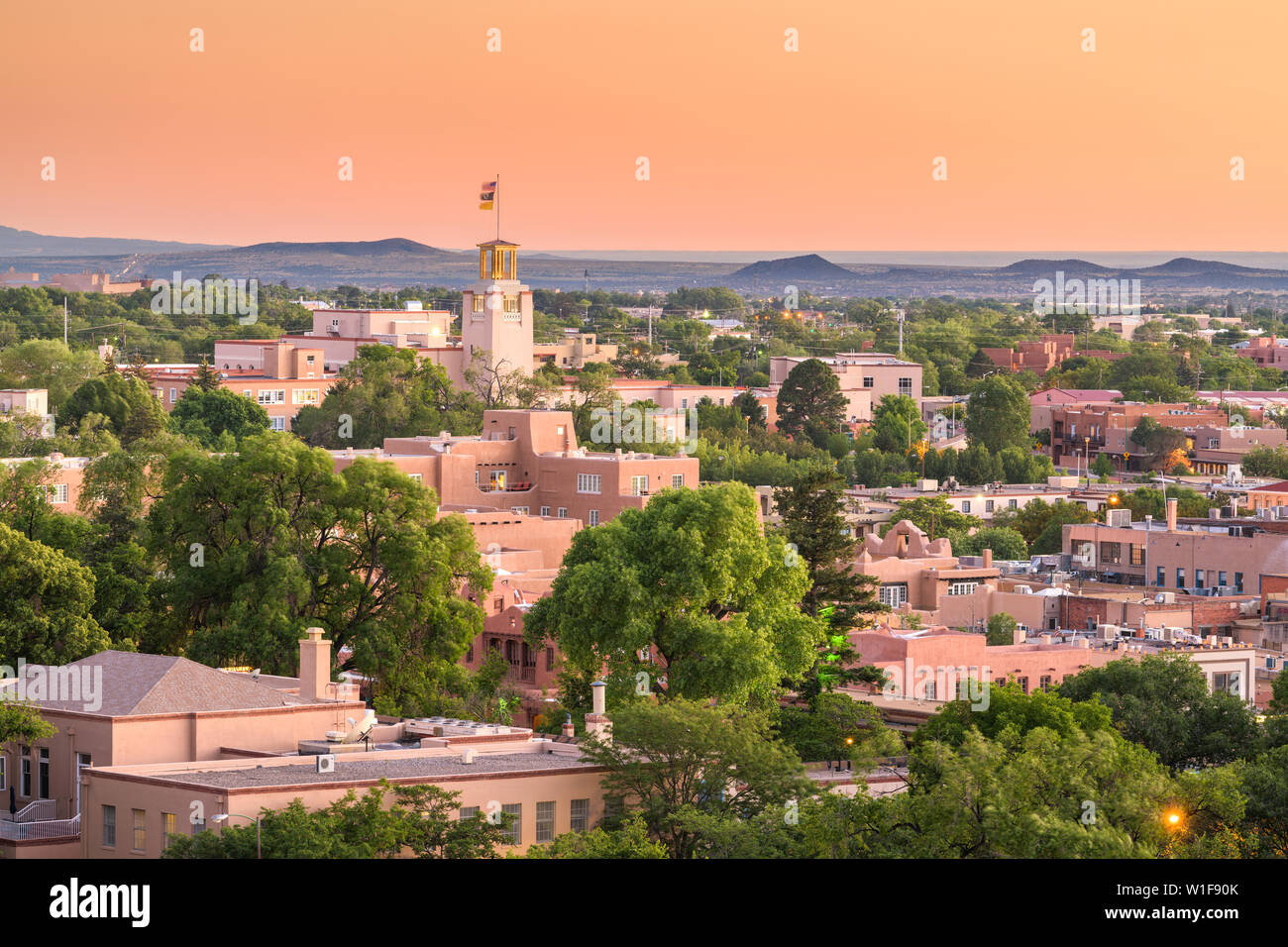 Santa Fe, New Mexico, USA downtown skyline at dusk. Stock Photo