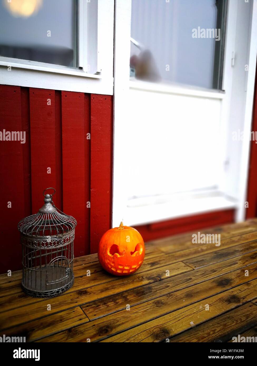 traditional swedish house pumpkin dekoration in Halloween Stock Photo