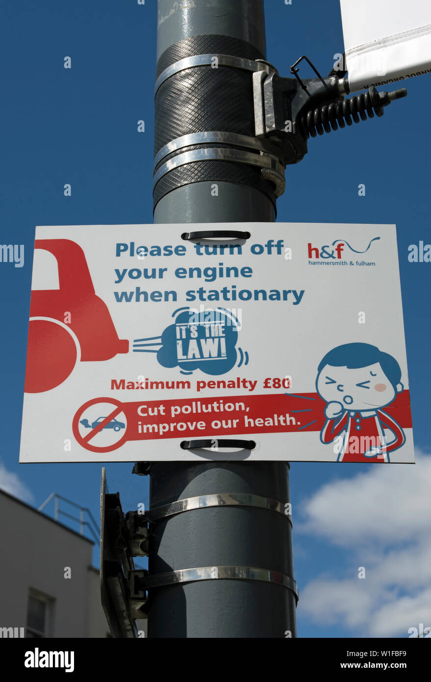 street sign from hammersmith and fulham council, london, england, reminding drivers to turn their engines off when stationary Stock Photo
