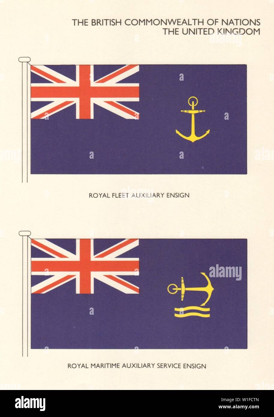 ROYAL NAVY FLAGS Royal Fleet Auxiliary & Maritime Auxiliary Service Ensigns 1979 Stock Photo