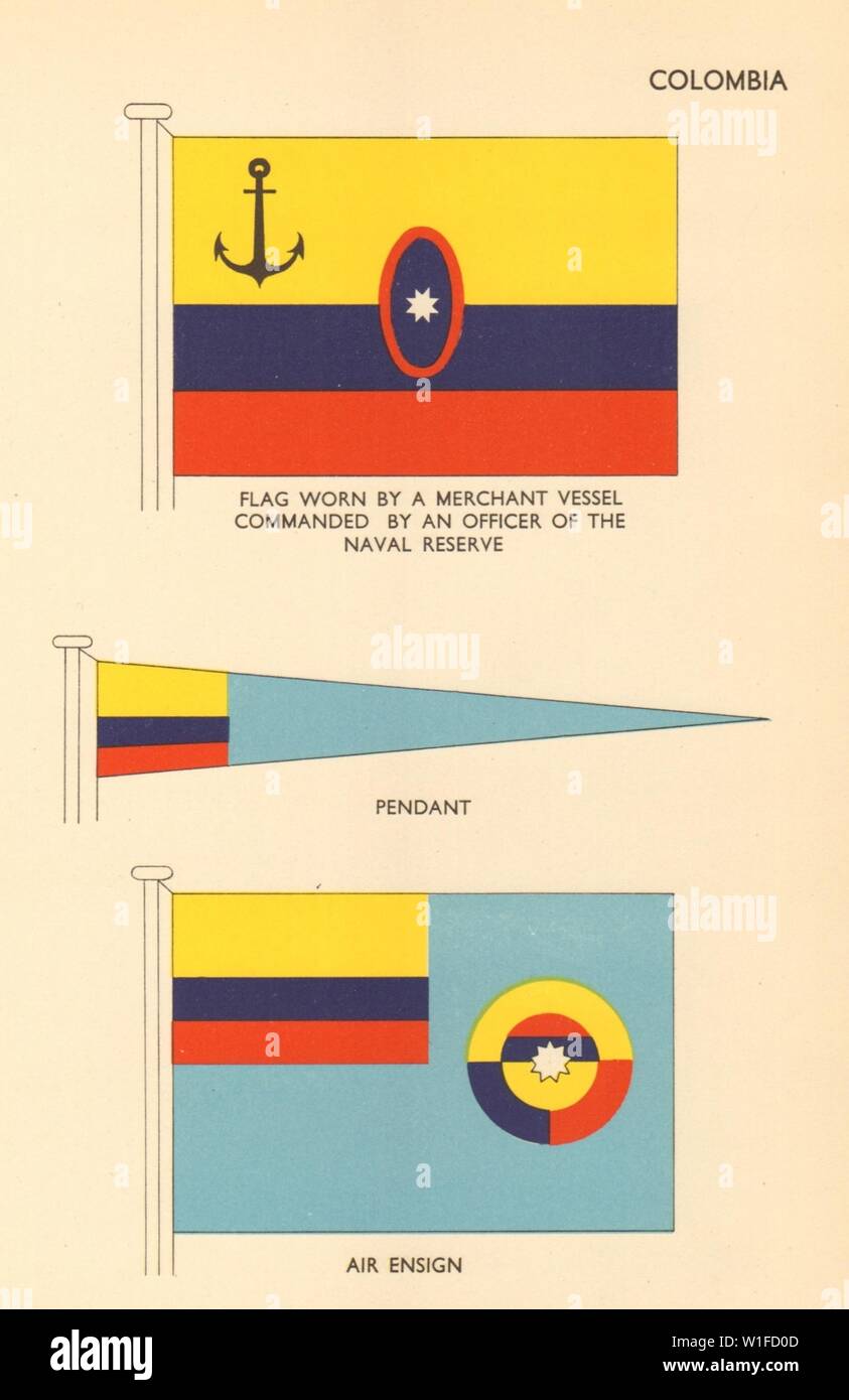 COLOMBIA FLAGS. Merchant Vessel. Naval Reserve Officer, Pendant, Air Ensign 1955 Stock Photo