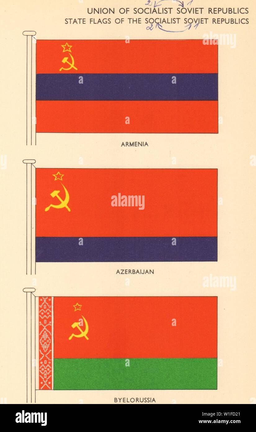 USSR FLAGS Union of Socialist Soviet Republics Armenia Azerbaijan Belarus 1955 Stock Photo
