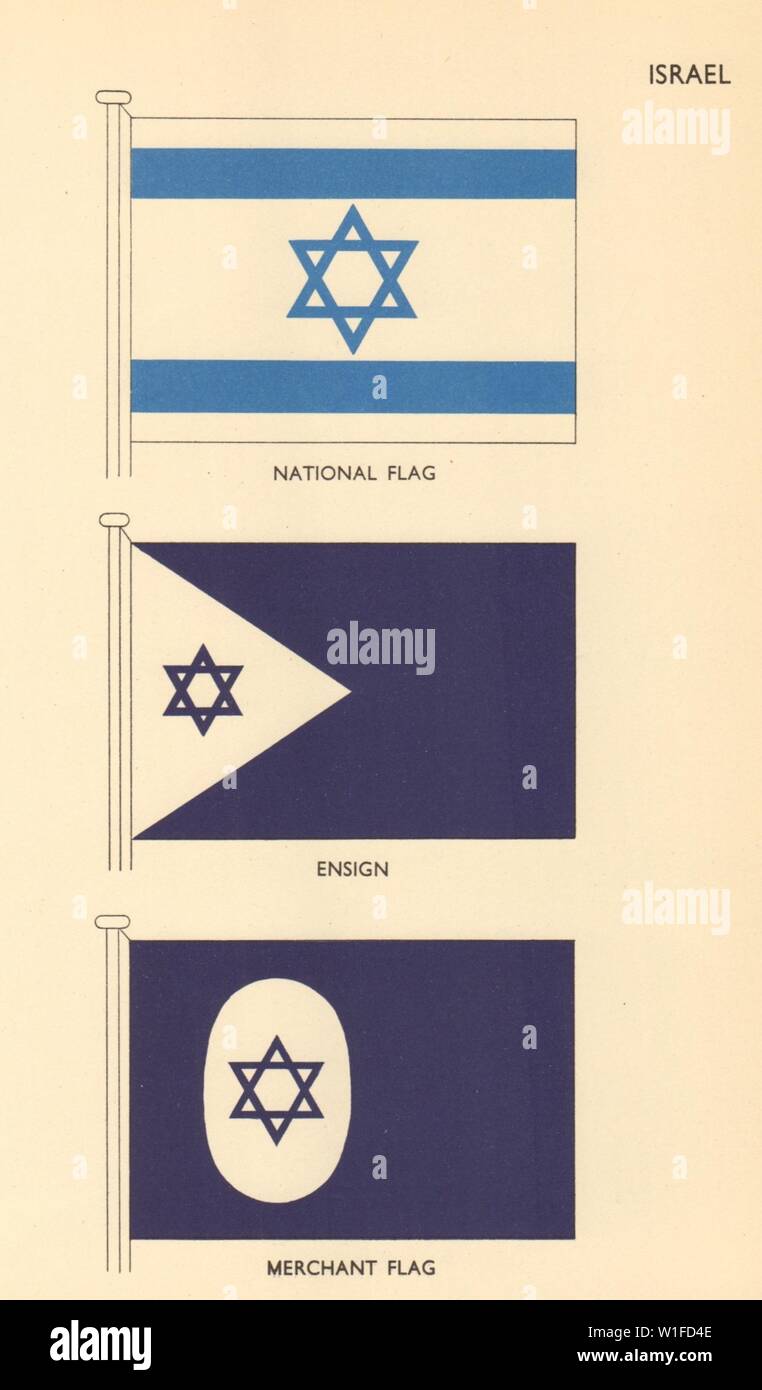 ISRAEL FLAGS. National Flag, Ensign, Merchant Flag 1955 old vintage print Stock Photo
