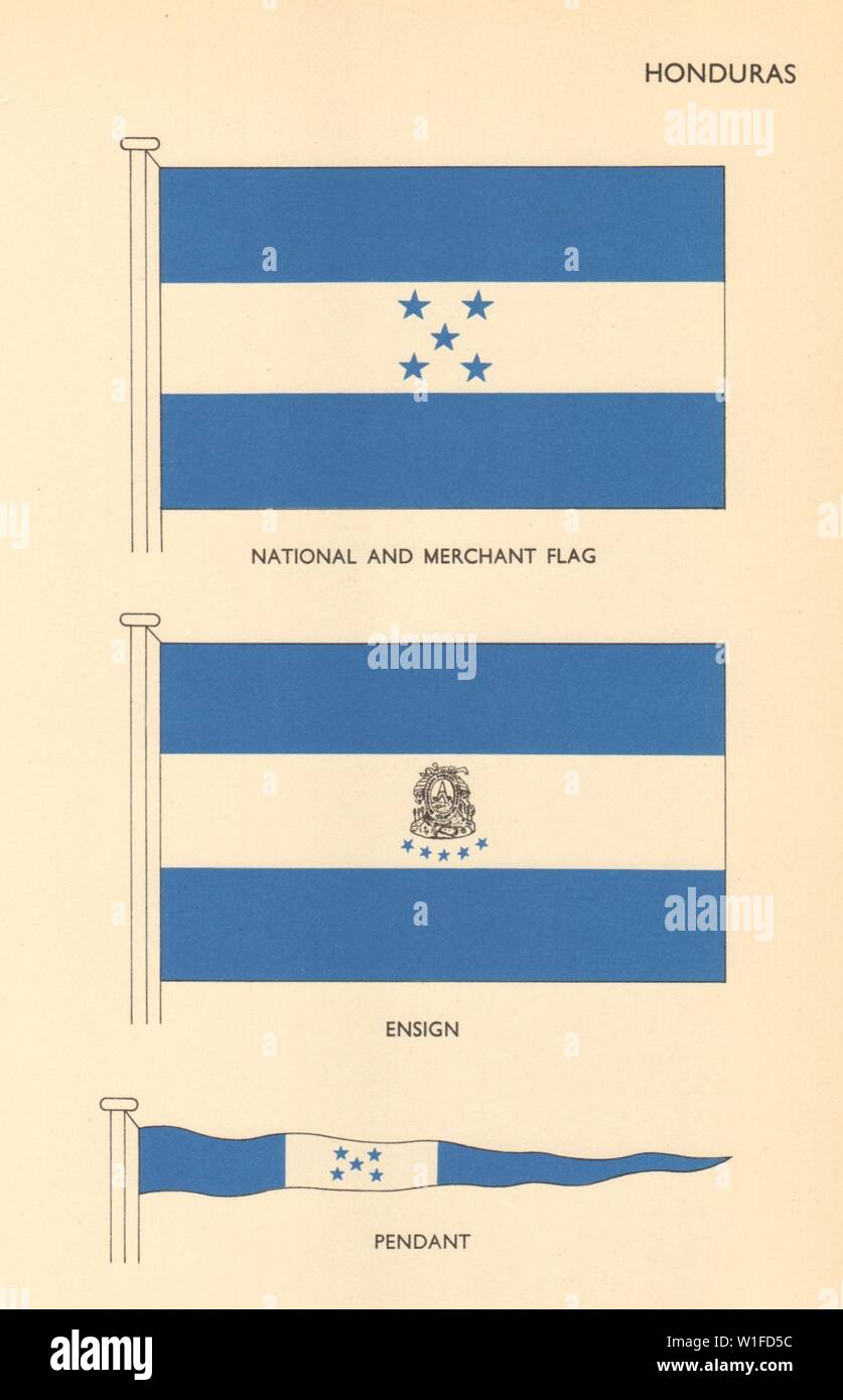 HONDURAS FLAGS. National and Merchant Flag, Ensign, Pendant 1955 old print Stock Photo