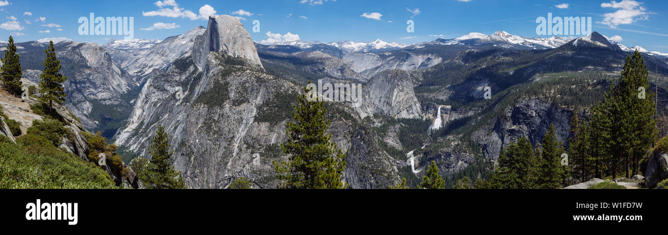 Panoramic View of the Nevada Fall, Half Dome and Valley from Glacier Point in Yosemite National Park, California, USA Stock Photo