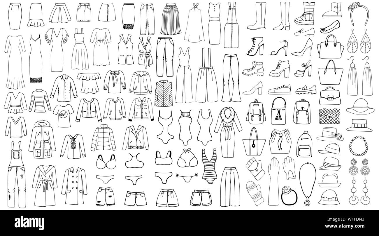 Hand drawn set of woman clothes and accessories. Line art set. Stock Vector