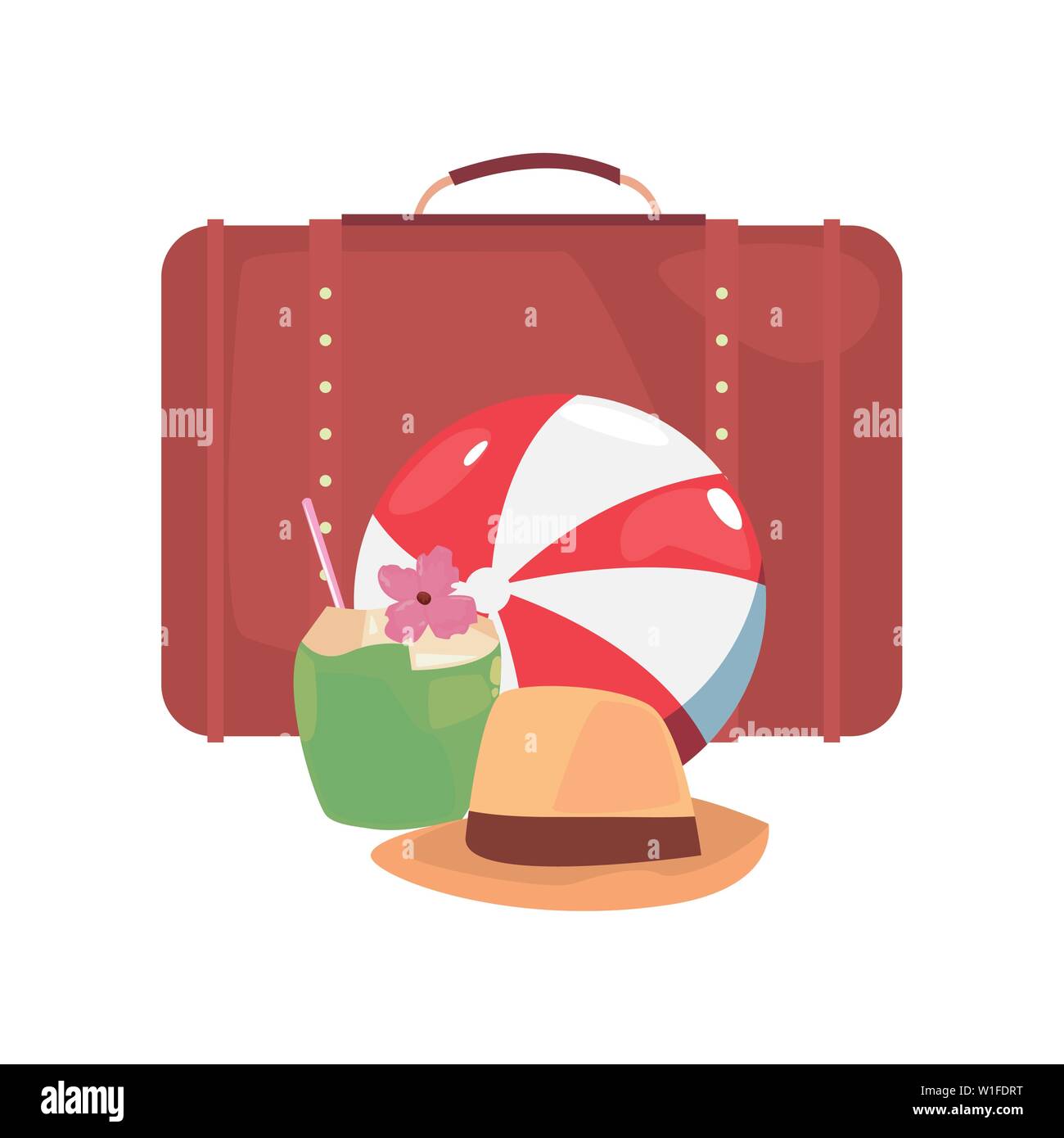 suitcase coconut cocktail ball and hat vacations tropical summer vector ...