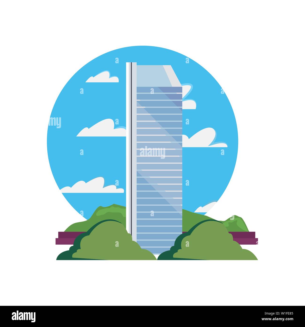 futuristic building urban tower bushes nature vector illustration Stock ...