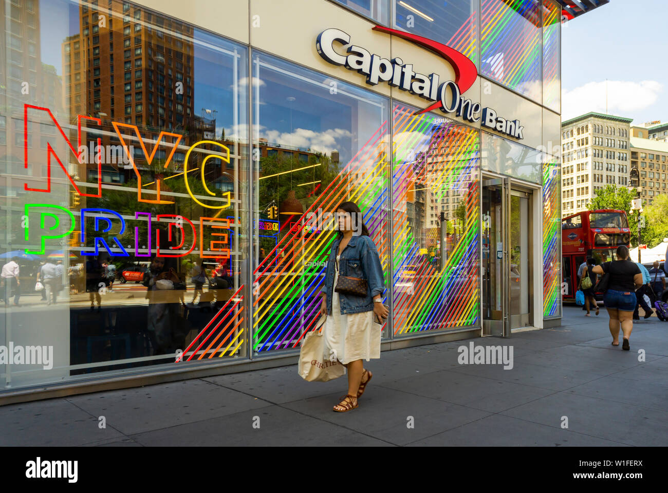 A branch of Capital One Bank in Union Square in New York is enthusiastically decorated for Stonewall 50/ Pride Month on Thursday, June 27, 2019.  (© Richard B. Levine) Stock Photo