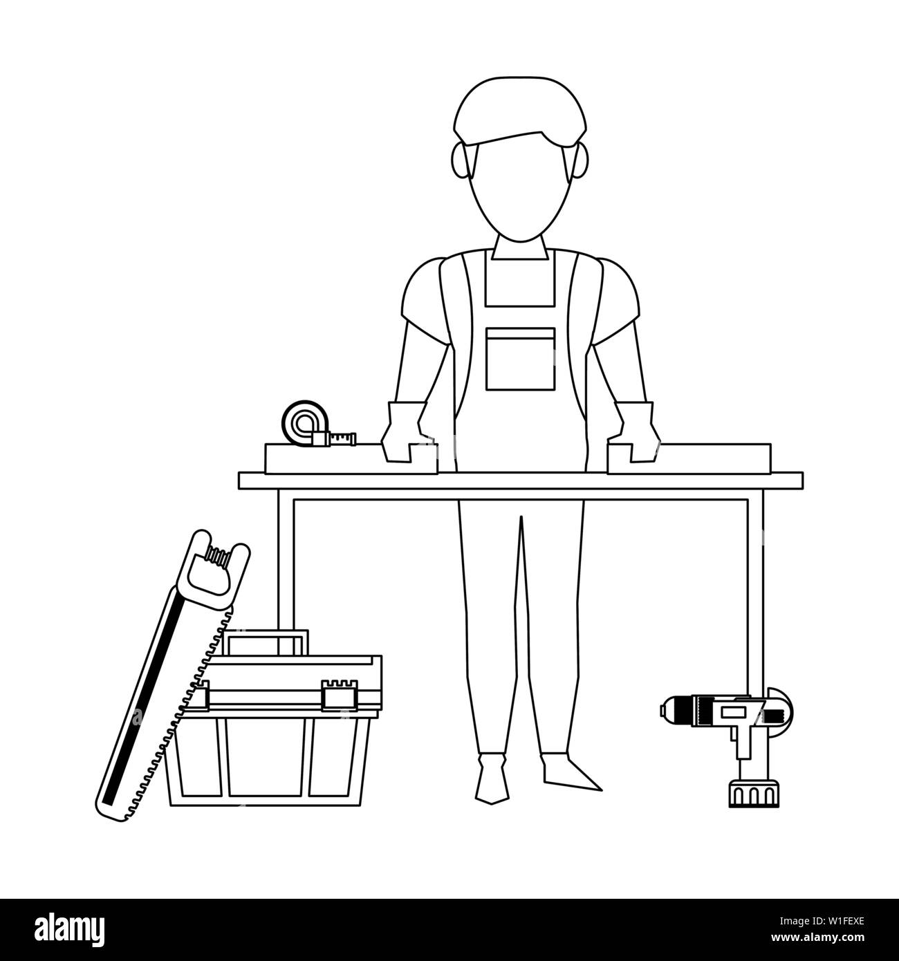 Carpenter working with wooden plank in black and white Stock Vector