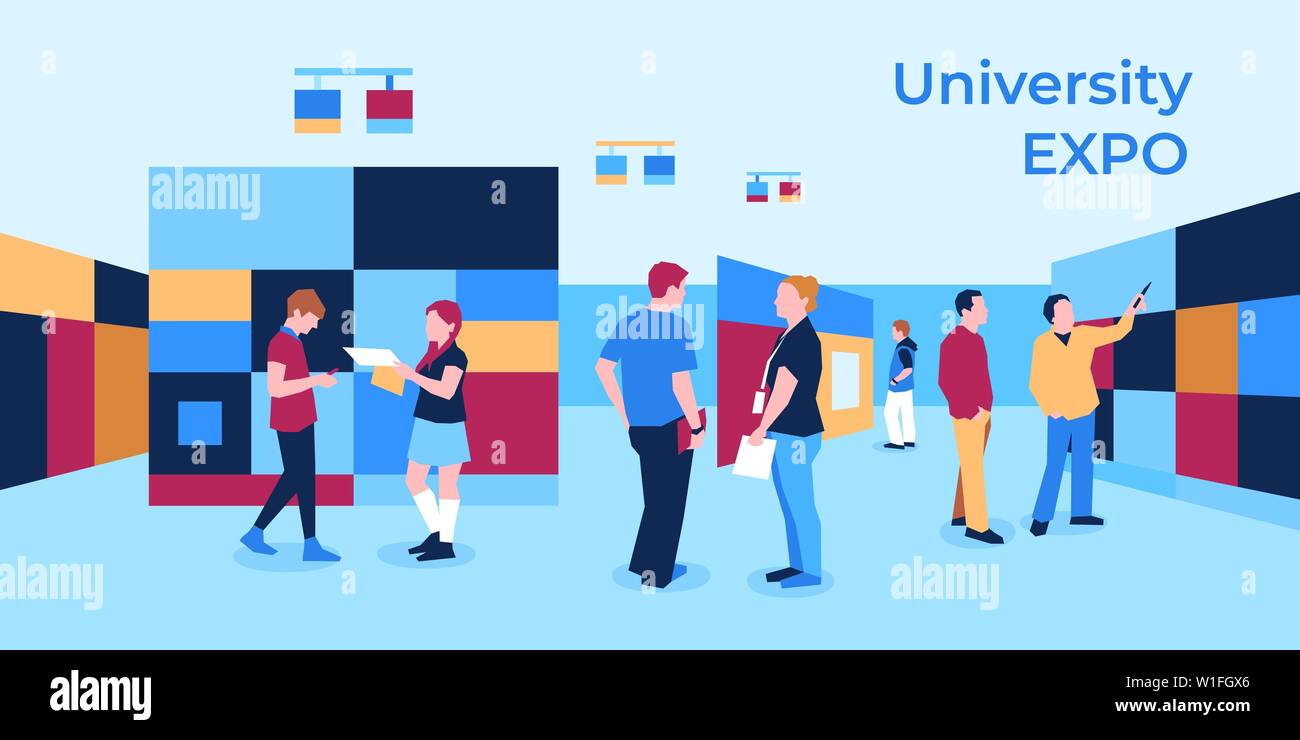 University expo exhibition with people icons infographics collection, digital vector advert Stock Vector