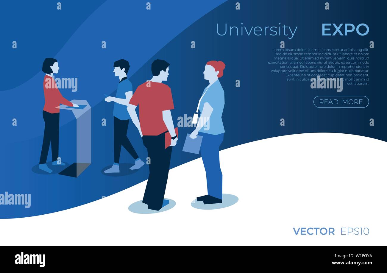 University expo exhibition with people icons infographics collection, digital vector advert Stock Vector