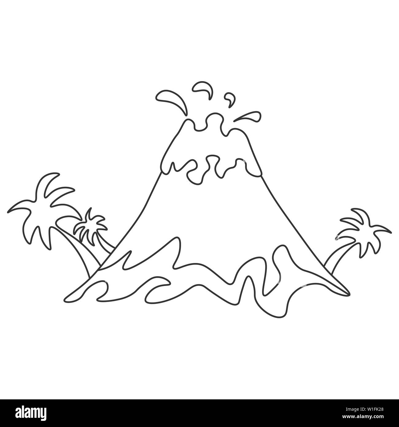 Contour of volcanic eruption with palm trees, which can be used as a coloring. Isolated on white background.  illustration. Stock Photo