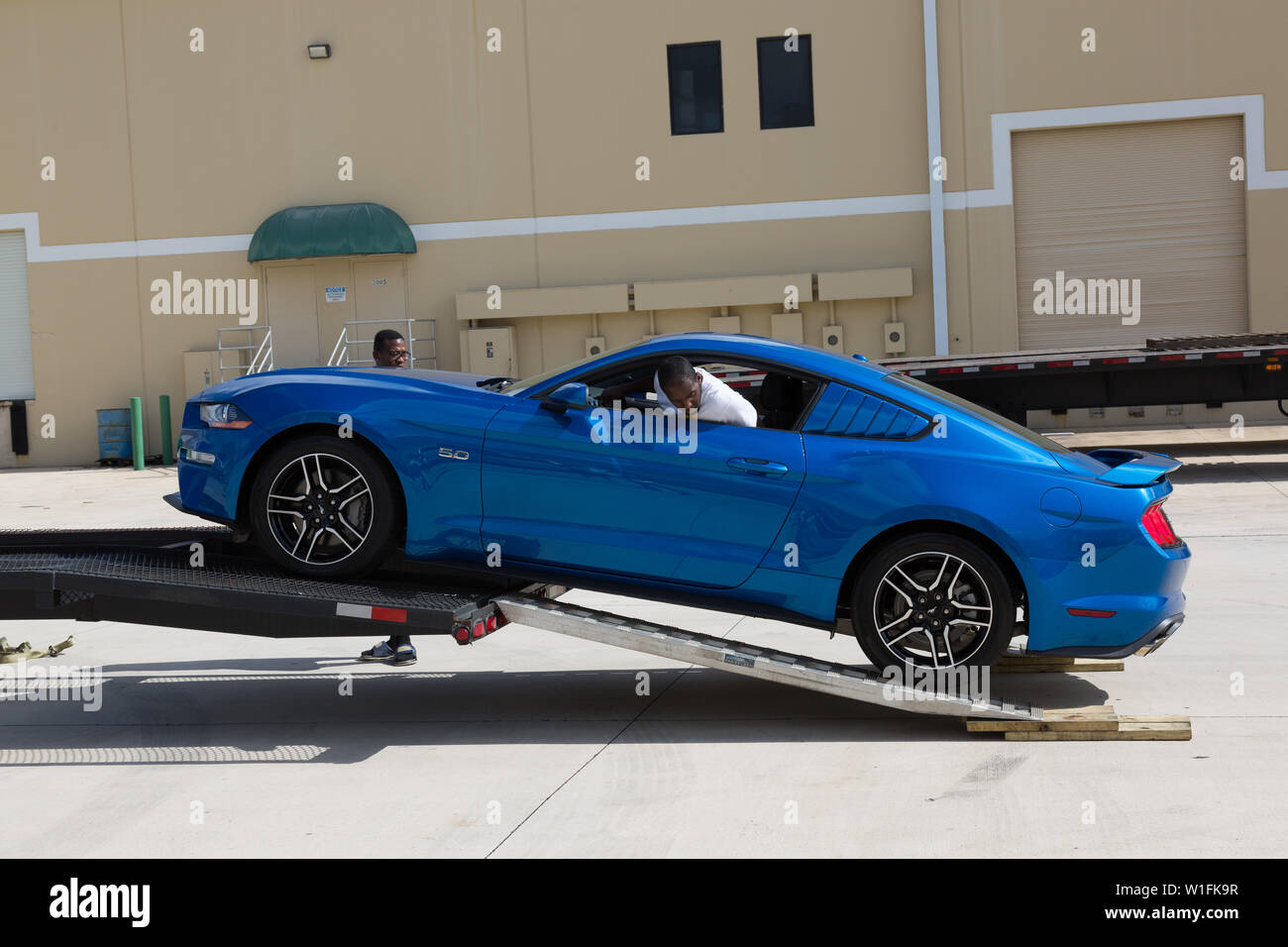 A man backs a new bright blue 2019 Ford Mustang GT off a tow truck upon delivering it to its new owner in Palm City, Florida, USA. Stock Photo
