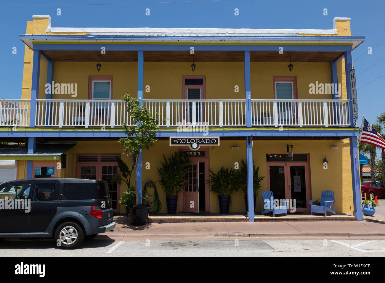 A Honda Element parked in front of the Old Colorado Inn in historic