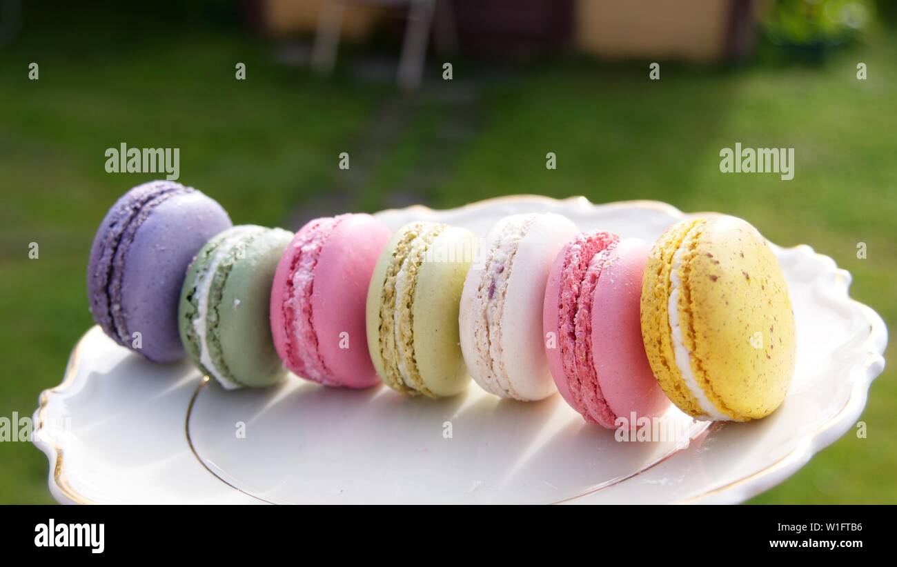 Cake Macaron Or Macaroon On Green Background From Above Colorful Almond Cookies Pastel Colors Vintage Card Stock Photo Alamy