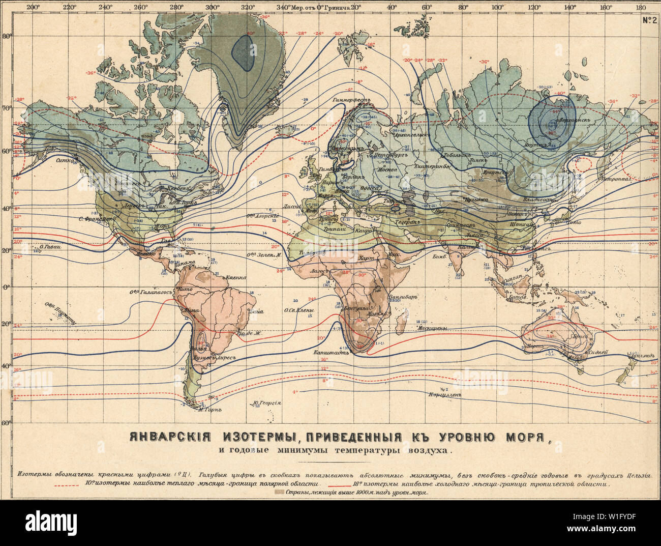 Earth Climatology Maps Map of the January isotherms given to the level of the sea New table atlas A.F. Marcks St. Petersburg, 1910 Stock Photo
