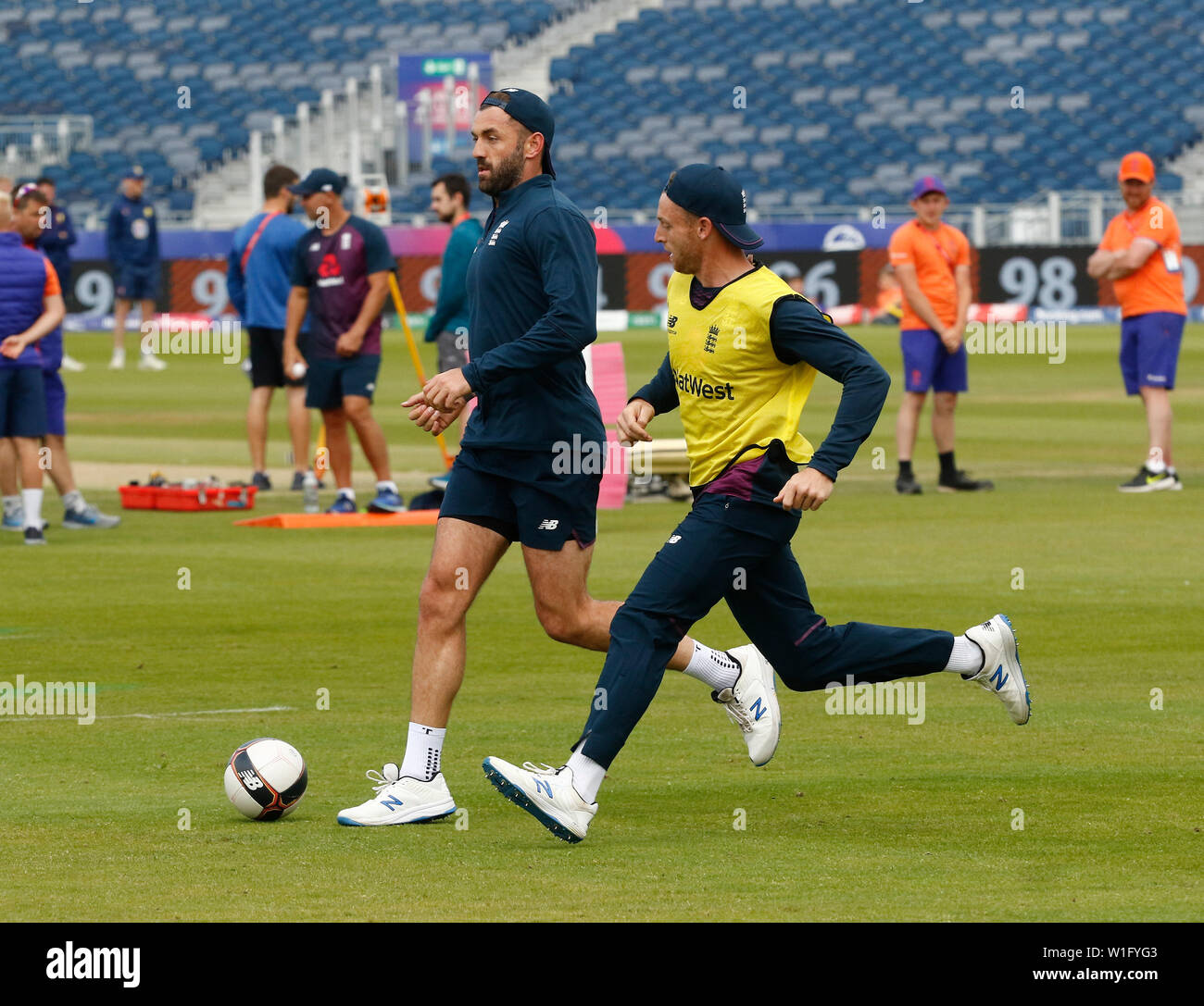 Emirates Riverside, Chester-le-Street, Durham, UK. 2nd July, 2019. ICC World Cup Cricket, Training and Press conferences, Jos Buttler challenges Liam Plunkett as they play football during England's training session this afternoon ahead of tomorrow's final group stage match versus New Zealand Credit: Action Plus Sports/Alamy Live News Stock Photo