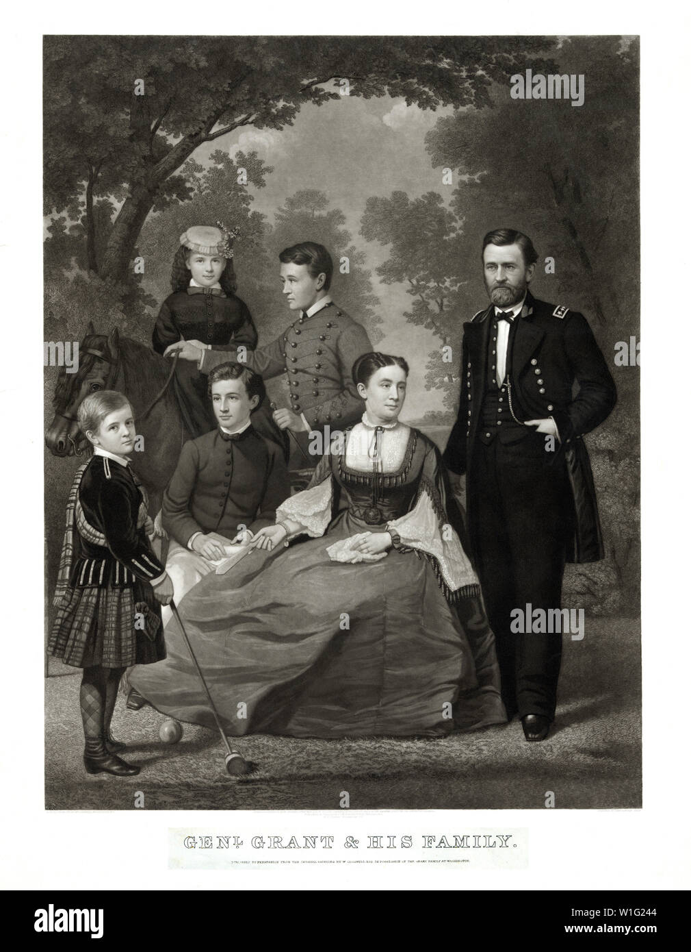 General Grant and his Family, Full-Length Portrait of Ulysses S. Grant standing next to his Wife and four Children, Painted from Life by William Cogswell, Engraving by John Sartain, 1868 Stock Photo