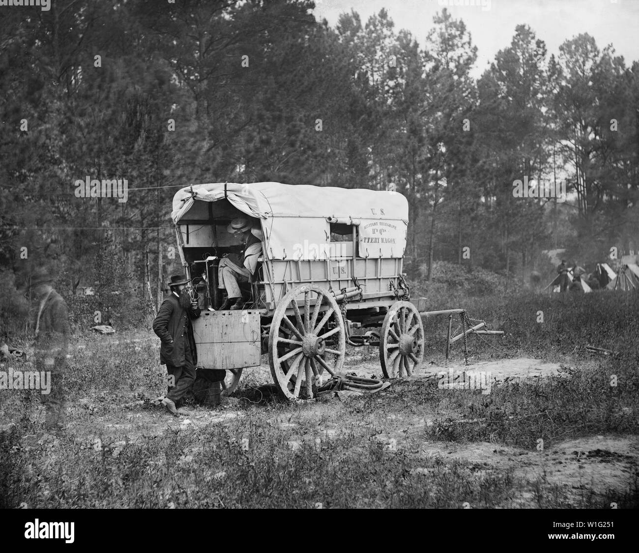 U.S. Military Telegraph Battery Wagon, Army of the Potomac Headquarters, Siege of Petersburg, American Civil War, Petersburg, Virginia, USA, Photograph by David Knox, 1864 Stock Photo