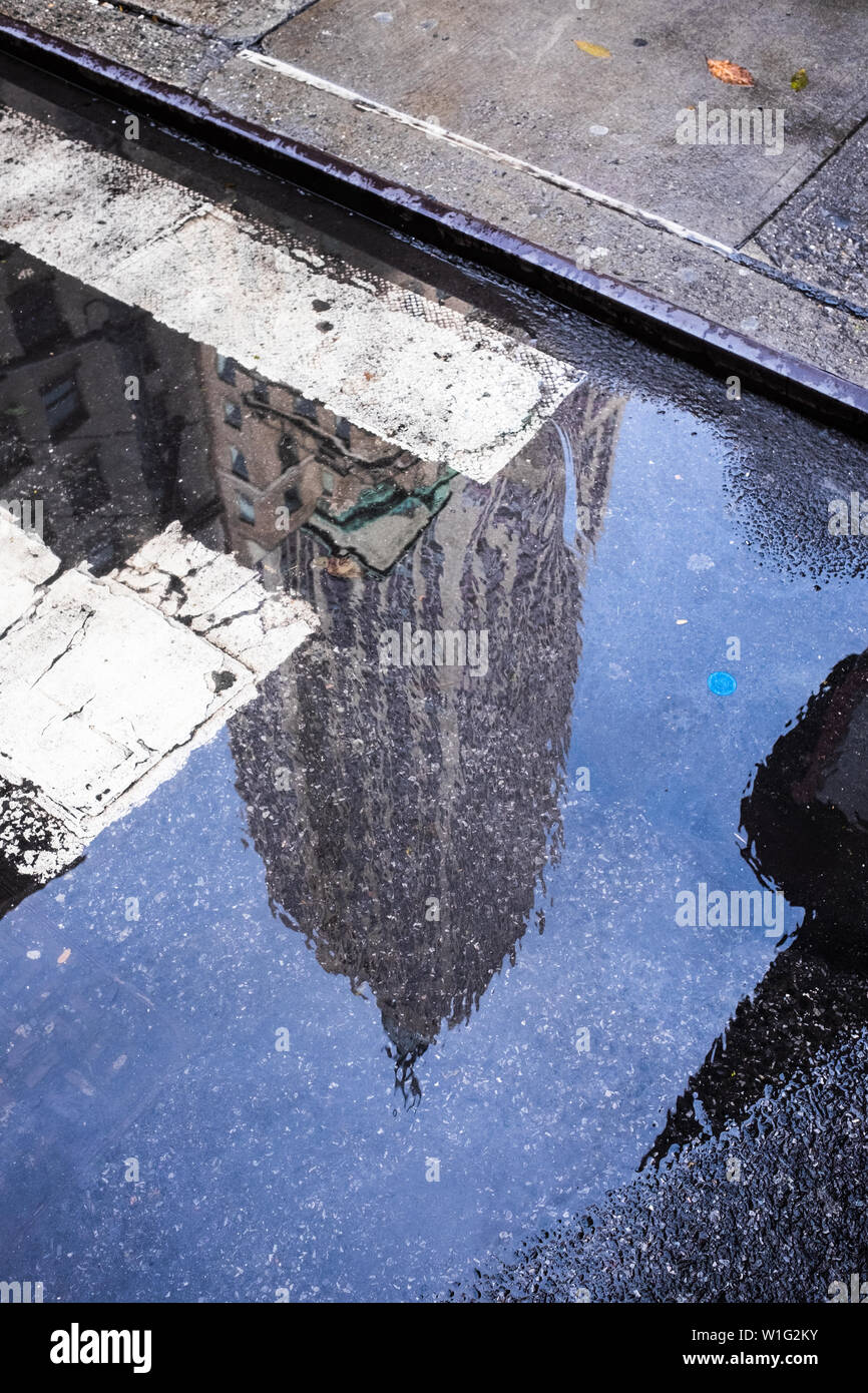 Reflection of the Empire State Building in a Puddle, New York, USA Stock Photo