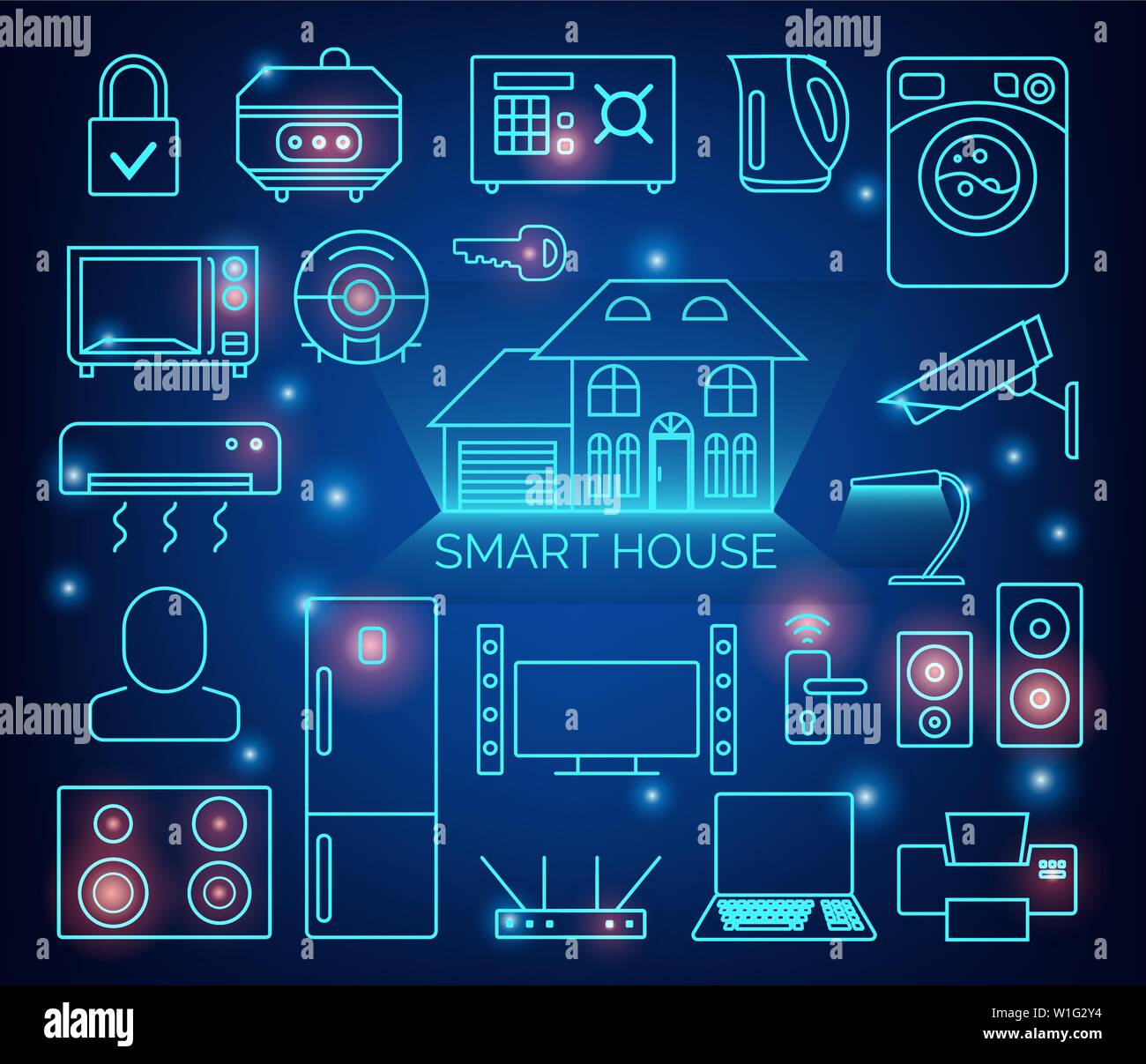 Smart home automation vector background. Connected smart home devices like phone, smart watch, tablet, sensors, appliances. Network of connected Stock Vector