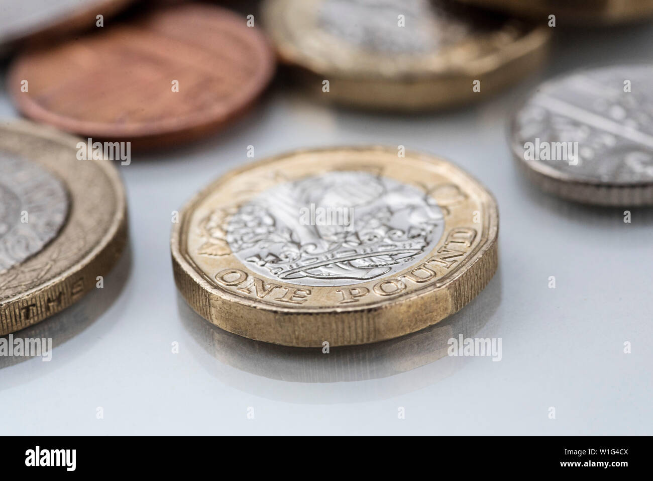 British coins, loose change,showing both £1 and £2 coins and smaller