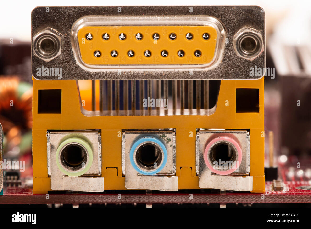 Close view of the main computer input output connections details in the ...