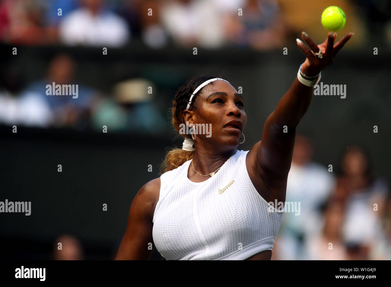 London, UK. 02nd July, 2019. Wimbledon, 2 July 2019 - Serena Williams serving during her first round victory over Giulia Gato-Monticone of Italy. Credit: Adam Stoltman/Alamy Live News Stock Photo