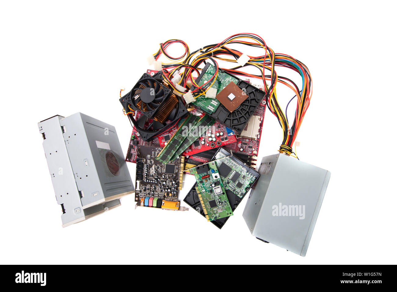 Close up view of various computer parts on a white background Stock ...