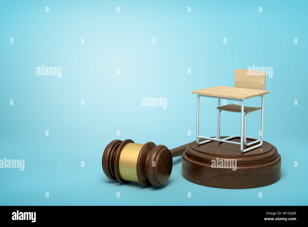 3d rendering of small single seat desk standing on brown sound block with gavel lying beside block on light-blue background with copy space. Stock Photo