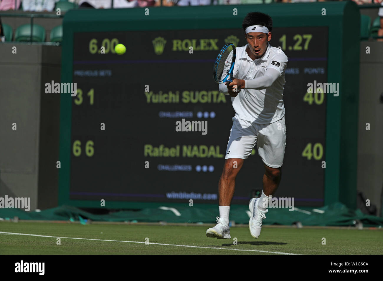 London, UK. 2nd July 2019, The All England Lawn Tennis and Croquet Club, Wimbledon, England, Wimbledon Tennis Tournament, Day 2; Yuichi Sugita returns to Rafael Nadal Credit: Action Plus Sports Images/Alamy Live News Stock Photo