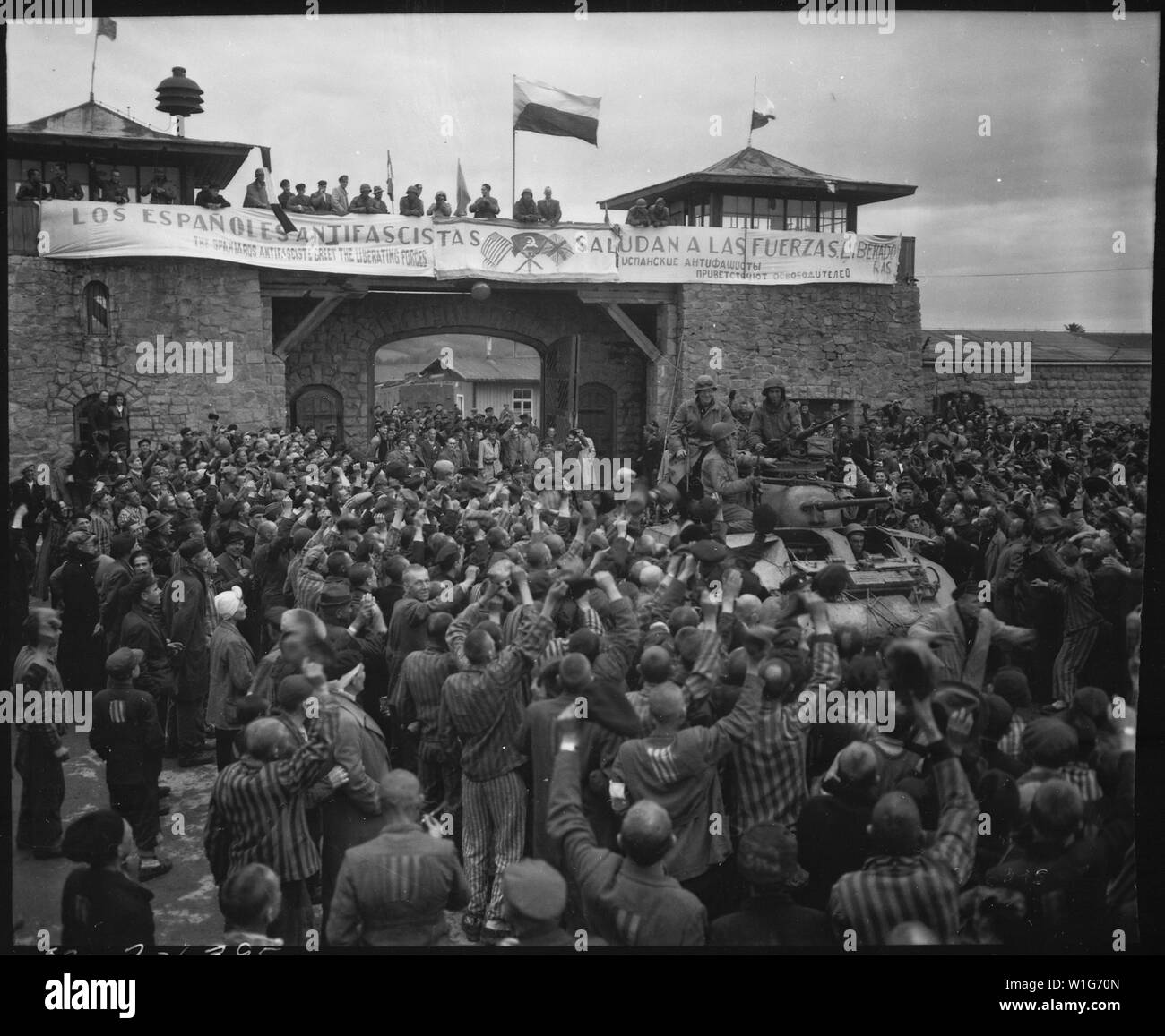 Liberated prisoners in the Mauthausen concentration camp near Linz, Austria, give rousing welcome to Cavalrymen of the 11th Armored Division. The banner across the wall was made by Spanish Loyalist prisoners.; General notes:  Use War and Conflict Number 1299 when ordering a reproduction or requesting information about this image. Stock Photo