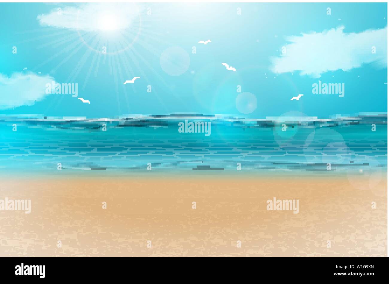Vector blue ocean landscape background design with cloudy sky. Summer illustration with sea scene and sandy beach for banner, flyer, invitation Stock Vector
