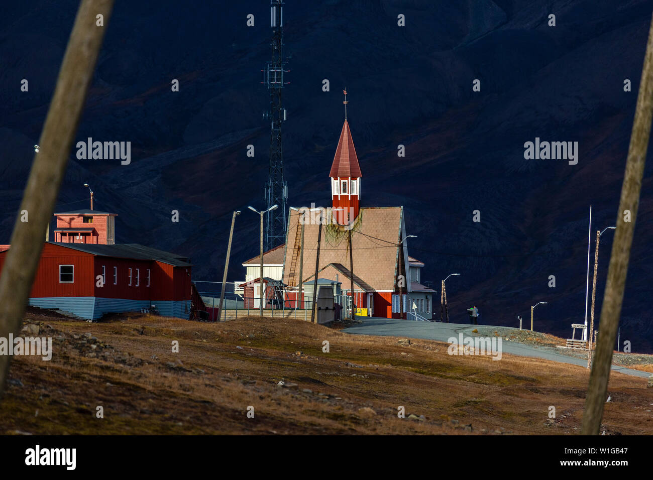 View over Longyearbyen church - the most Northern settlement in the world. Svalbard, Norway Stock Photo
