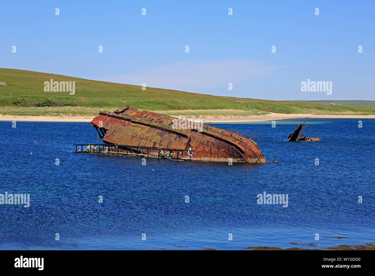Blockship SS Reginald next to Churchill Barrier 3 Orkney Scotland Stock