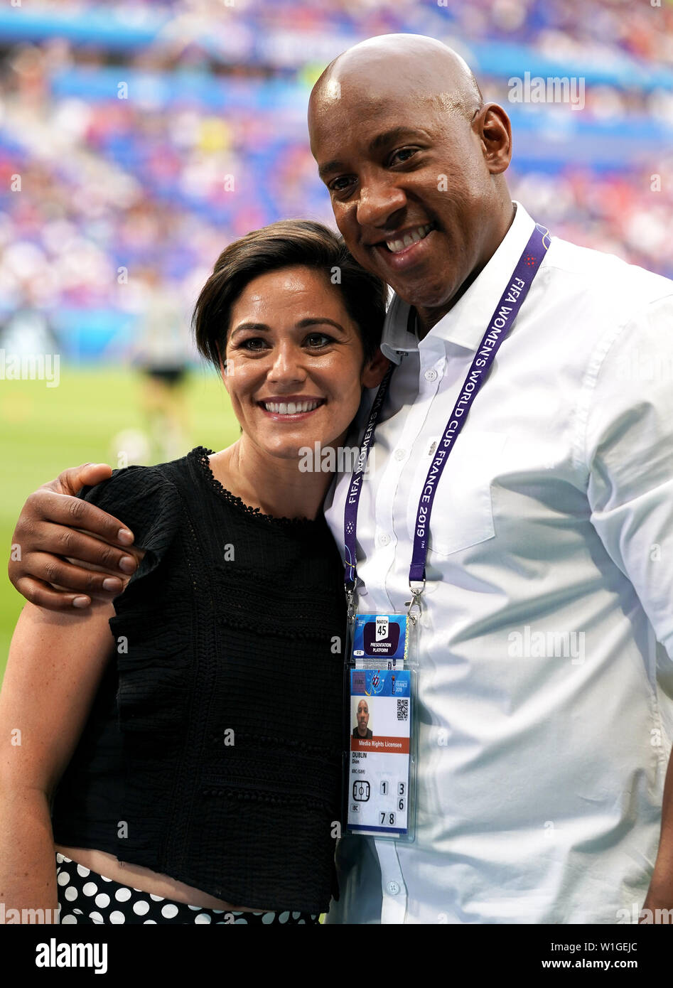 Commontators Eilidh Barbour (left) and Dion Dublin before the FIFA Women's  World Cup Semi Final match at the Stade de Lyon Stock Photo - Alamy