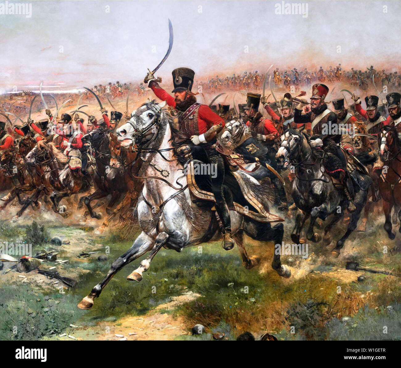 Vive L'Empereur by Jean-Baptiste Édouard Detaille (1848-1912), oil on canvas, 1891. The painting shows a cavalry charge of the 4th Hussars during the Battle of Friedland in the Napoleonic Wars. Stock Photo