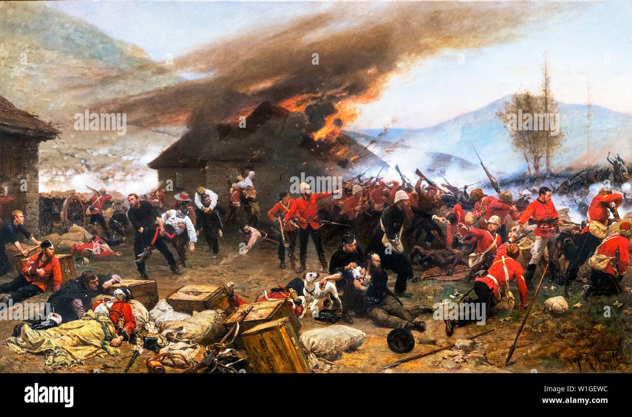 Rorkes Drift, South Africa. Painting entitled “The Defence of Rorke's Drift 1879” by Alphonse de Neuville (1835-1885), oil on canvas, 1879-80. The canvas shows the famous battle of the Anglo-Zulu War of the late 19th century. Stock Photo