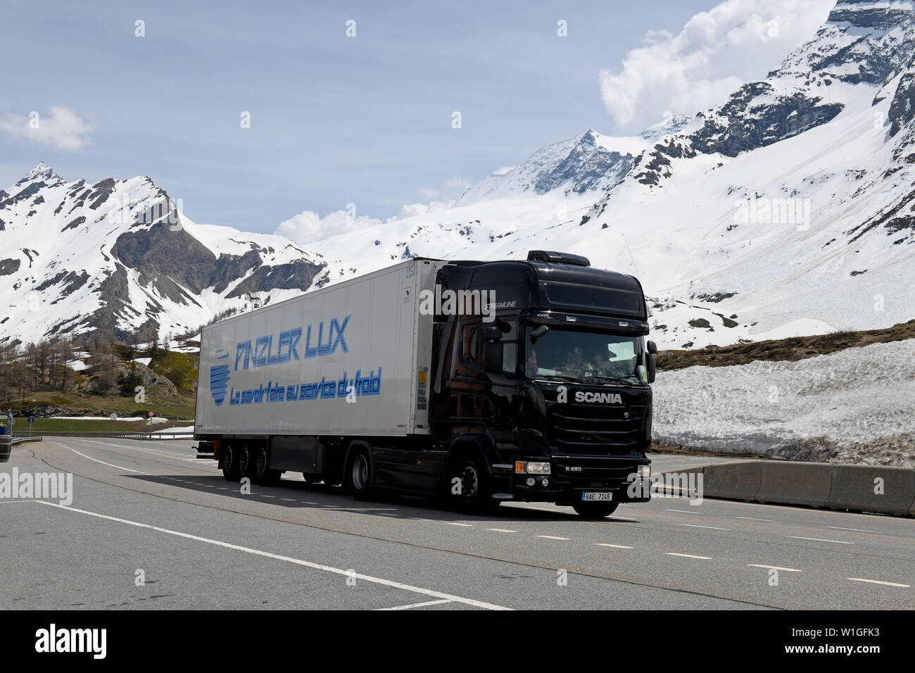 Haulage lorries transporting goods over The Simplon Pass between Switzerland and Italy 2019 Stock Photo