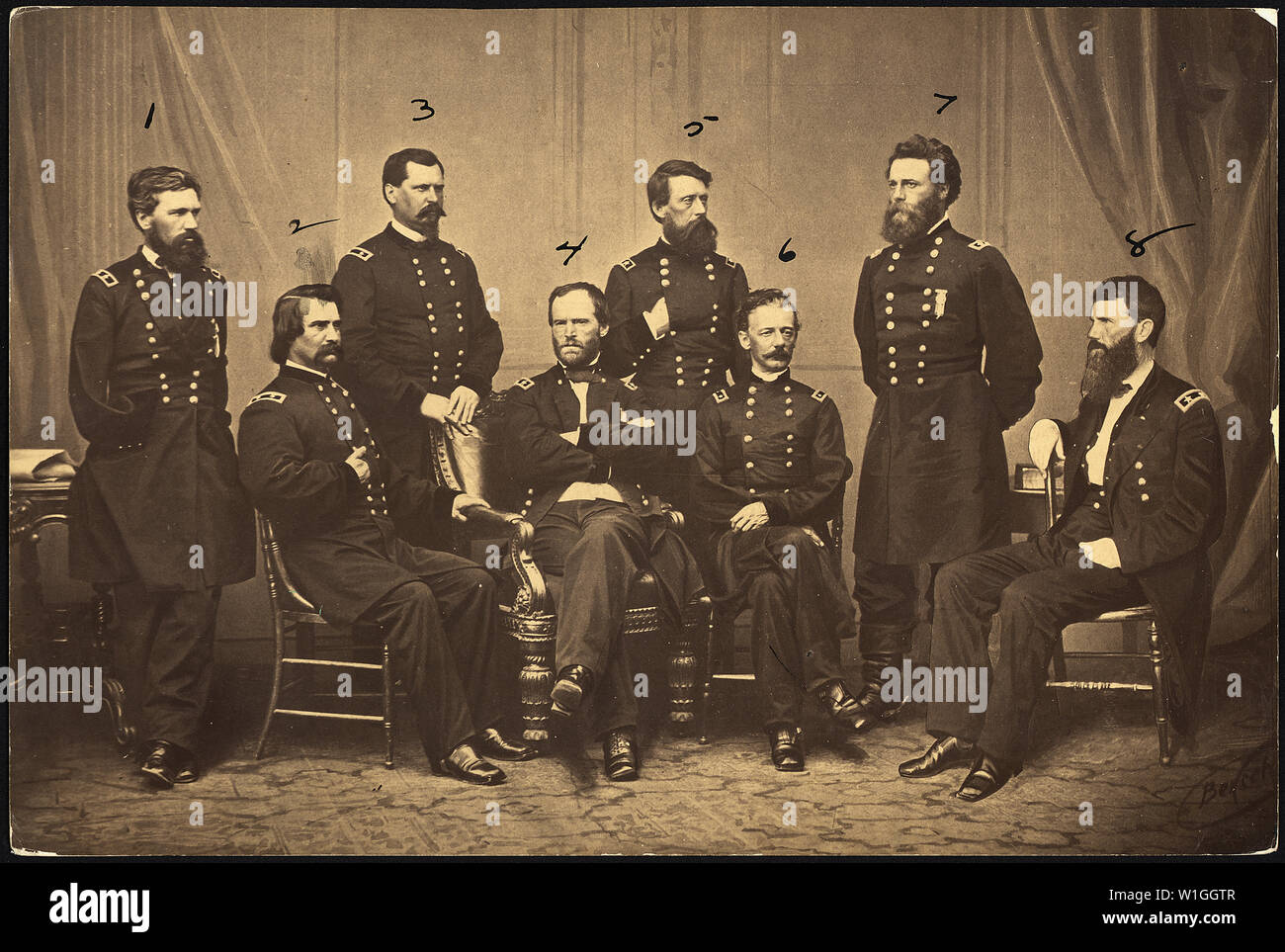 Major General William T. Sherman, Commanding Military Division of the Mississippi, and his Generals: 1. Maj. Gen. O. O. Howard; 2. Maj. Gen. J. A. Logan; 3. Maj. Gen. William B. Hazen; 4. Maj. Gen. William T. Sherman; 5. Maj. Gen. Jeff C. Davis; 6. Maj. Gen. H. W. Slocum; 7. Maj. Gen. J. A. Mower; 8. Maj. Gen. F. P. Blair. Stock Photo