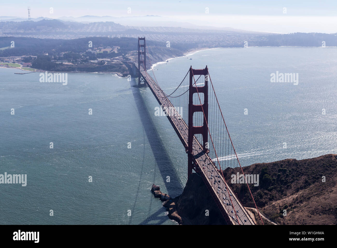 Aerial view of San Francisco Bay and the Golden Gate Bridge on the scenic California coast. Stock Photo