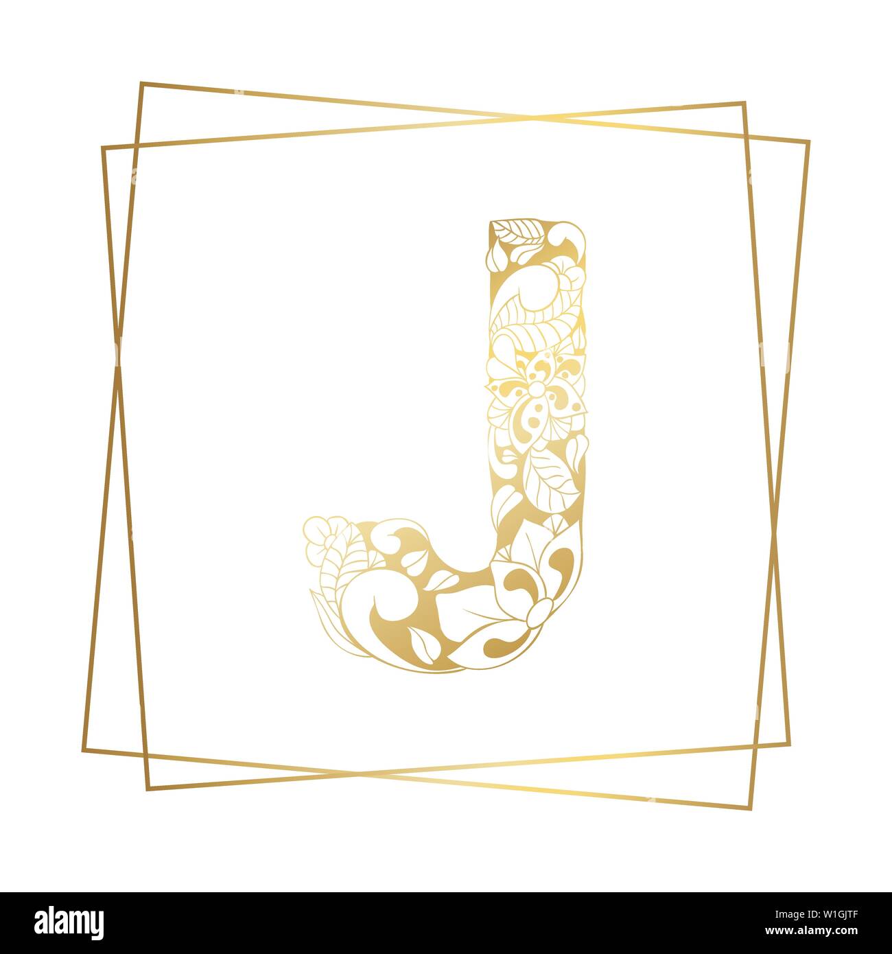 Golden and White Floral Ornamental Alphabet, Initial Letter J Font with Modern Stylized Frames. Abstract Lines Poster. Vector Typography Symbol for Gold Wedding. Monograms Isolated Design Stock Vector