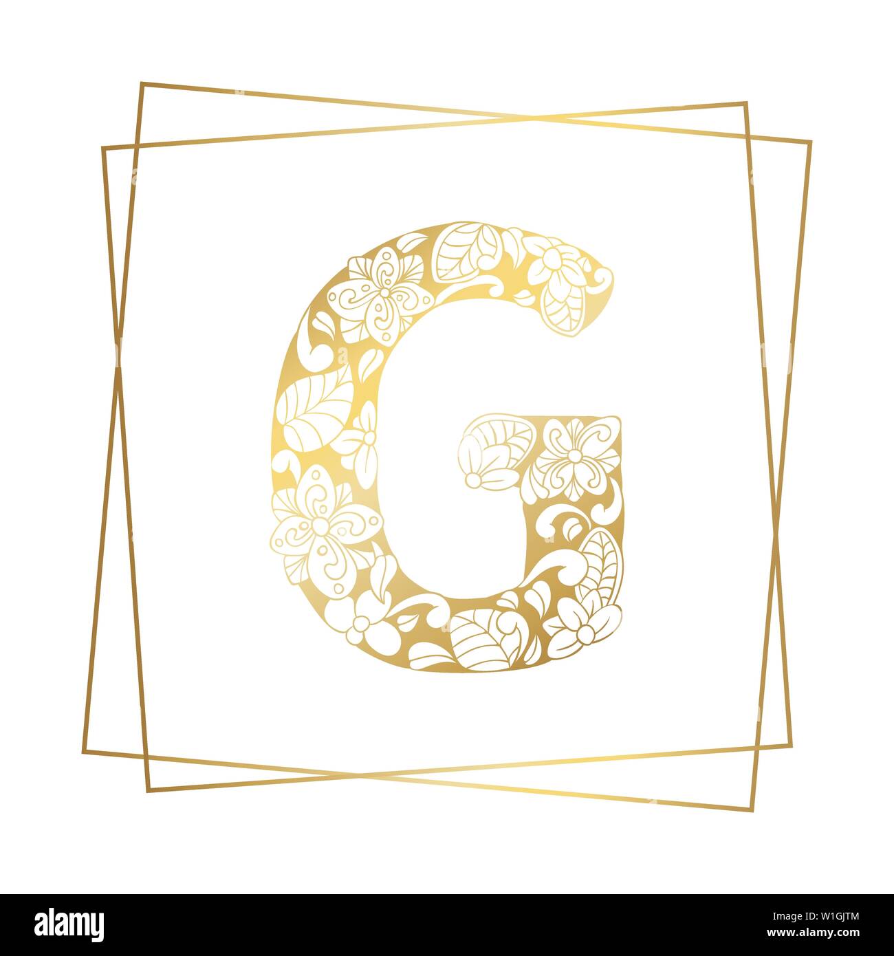 Golden and White Floral Ornamental Alphabet, Initial Letter G Font with Modern Stylized Frames. Abstract Lines Poster. Vector Typography Symbol for Gold Wedding. Monograms Isolated Design Stock Vector