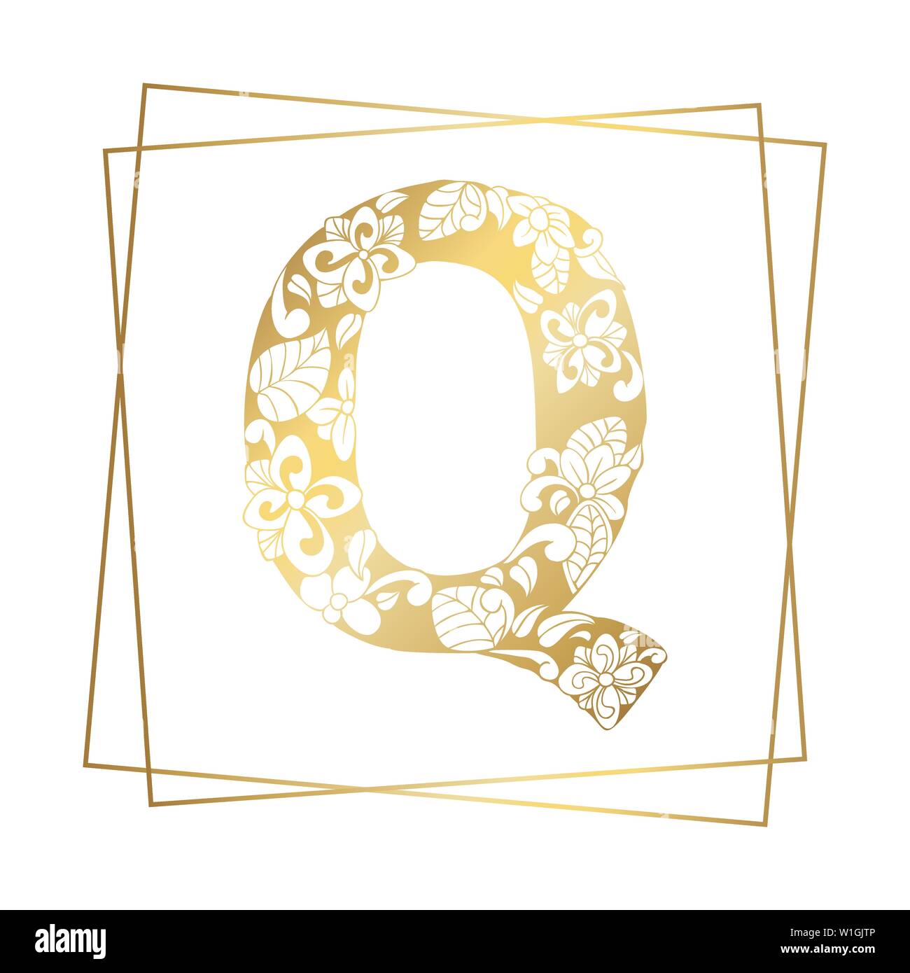 Golden and White Floral Ornamental Alphabet, Initial Letter Q Font with Modern Stylized Frames. Abstract Lines Poster. Vector Typography Symbol for Gold Wedding. Monograms Isolated Design Stock Vector